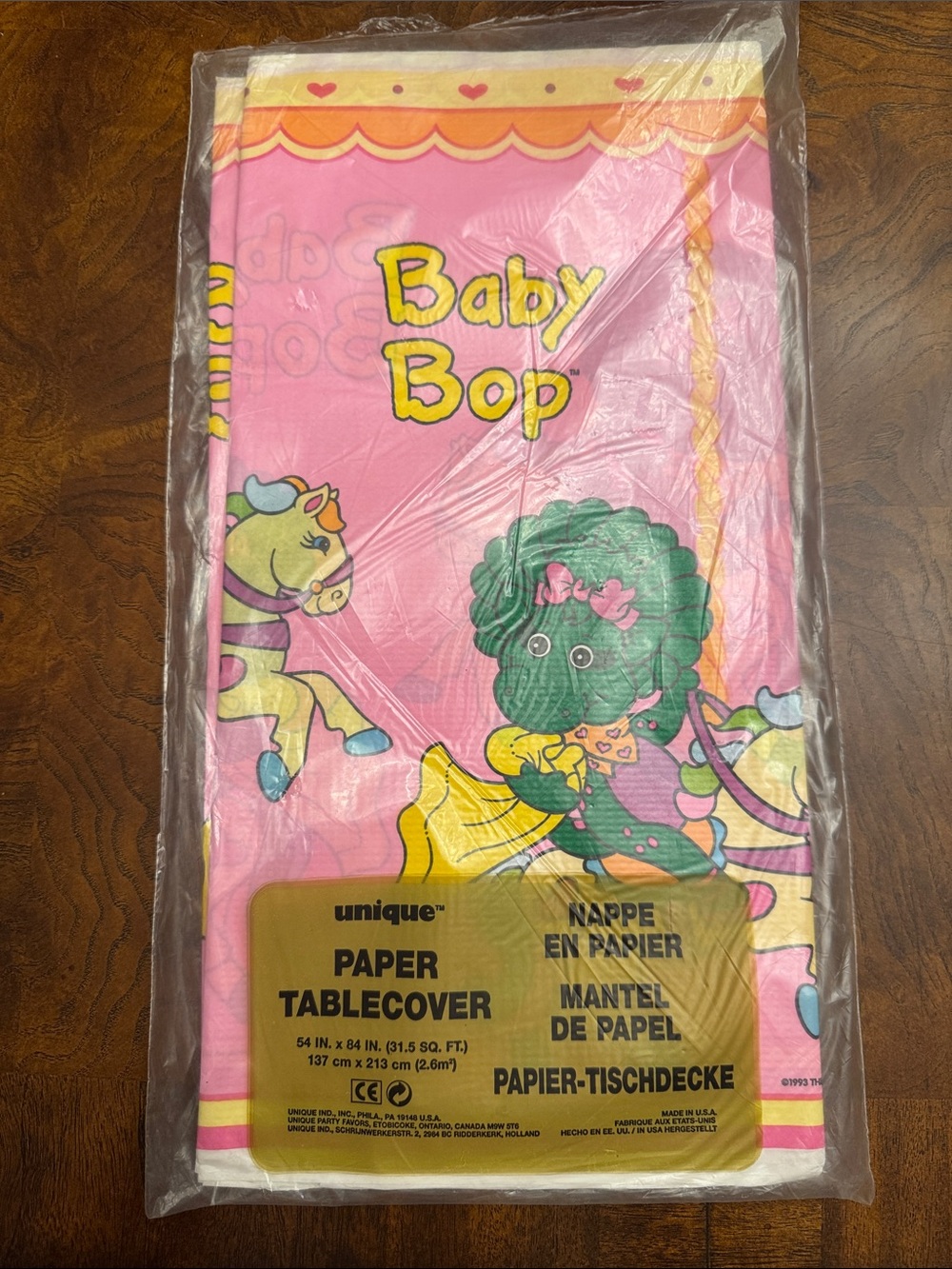 NWT Vintage Unique Baby Bop Barney Pink Paper Tablecover 54” x 84” tablecloth